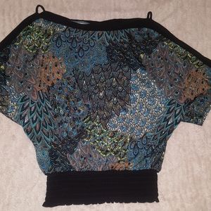 Peacock print blue open shoulder top